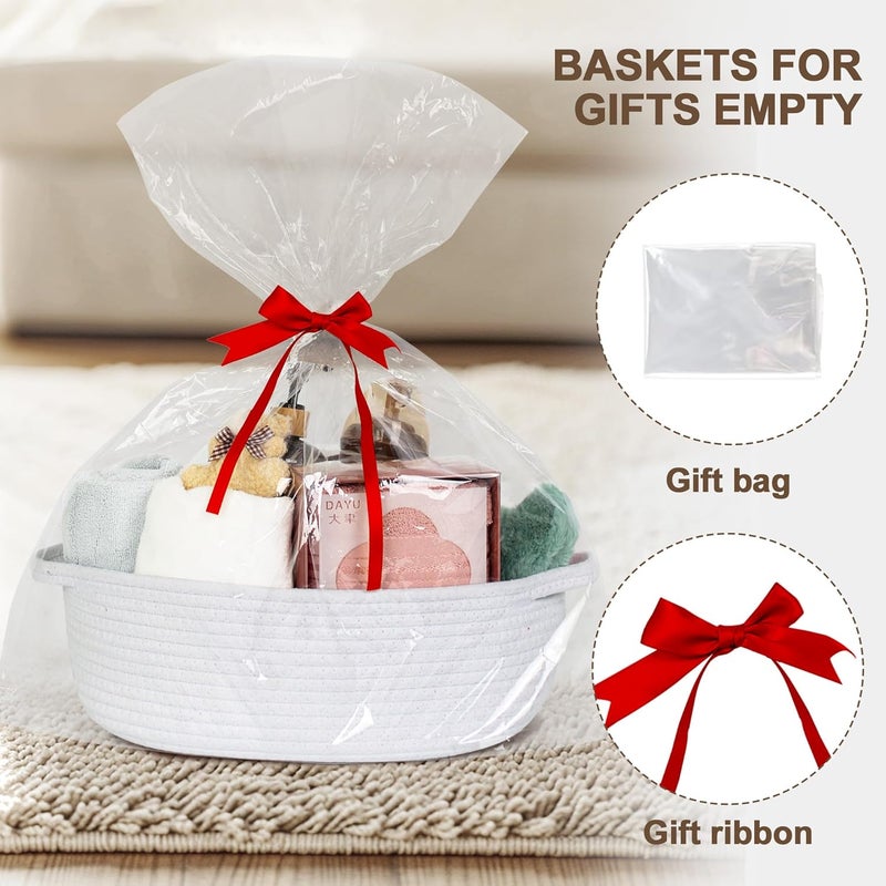 WILLITAT Small Baskets for Gifts Empty, 13"x 9"x 5" Woven Gift Basket with Bag and Ribbon, Cotton Rope Kids Dog Cat Toy Bin Box, Cute Baby Nursery Organizer, Decorative Storage with Handles (White) - Image 2